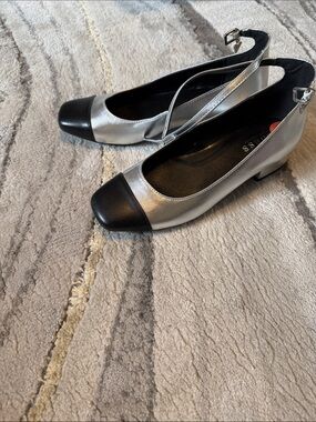 Guess Silver and Black Slingback Flats